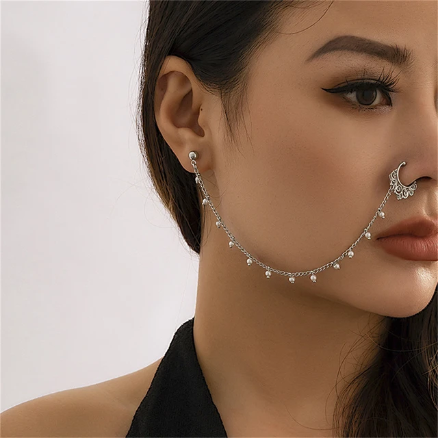 Fashion Personality Punk For Women Earring Geometric Tassel Chain Indian Imitation Nose Chain Earring Nose Clip Piercing Jewelry AliExpress 36