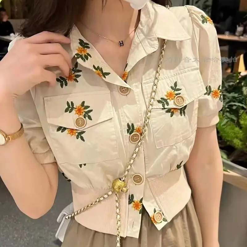 Heavy embroidery short-sleeved tops 2024 summer new style French high-end sense short high-waist shirt for women women clothing