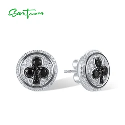 SANTUZZA Real 925 Sterling Silver Stud Earrings For Women Sparkling White Cubic Zirconia Black Spinel Round Party Fine Jewelry