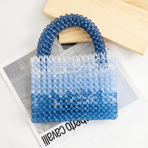 Acrylic Gradient Blue Beaded Tote Bags for Women Fashion Handbags Chain Handle Clutch Evening Bag Handmade Party Small Bucket Purse Crystal Stone Bead Box