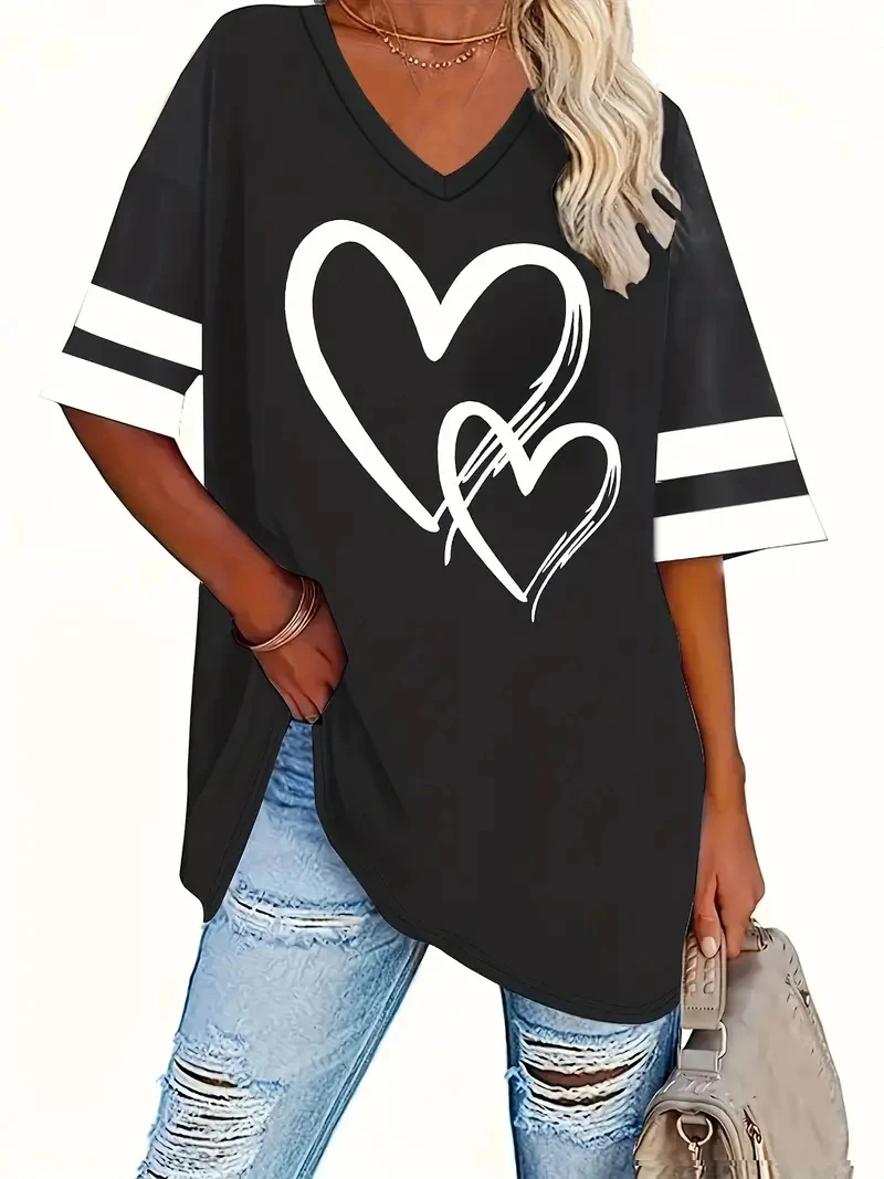 2024 Plus Size Heart & Stripe Print T-Shirt Casual Short Sleeve Top For Spring & Summer Women\'s Plus Size Clothing