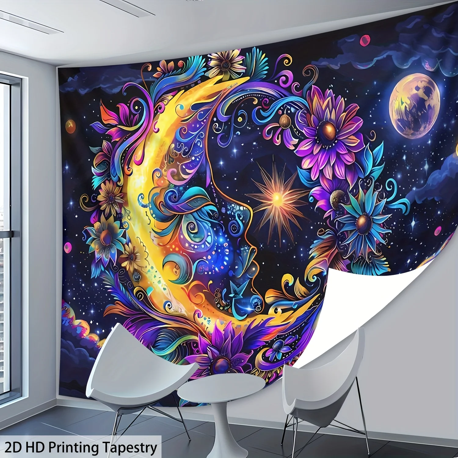 Bohemian Galaxy Moon Tapestry Wall Hanging Cosmic Floral Art Printing Decoration for Bedroom Living Room Home Decor