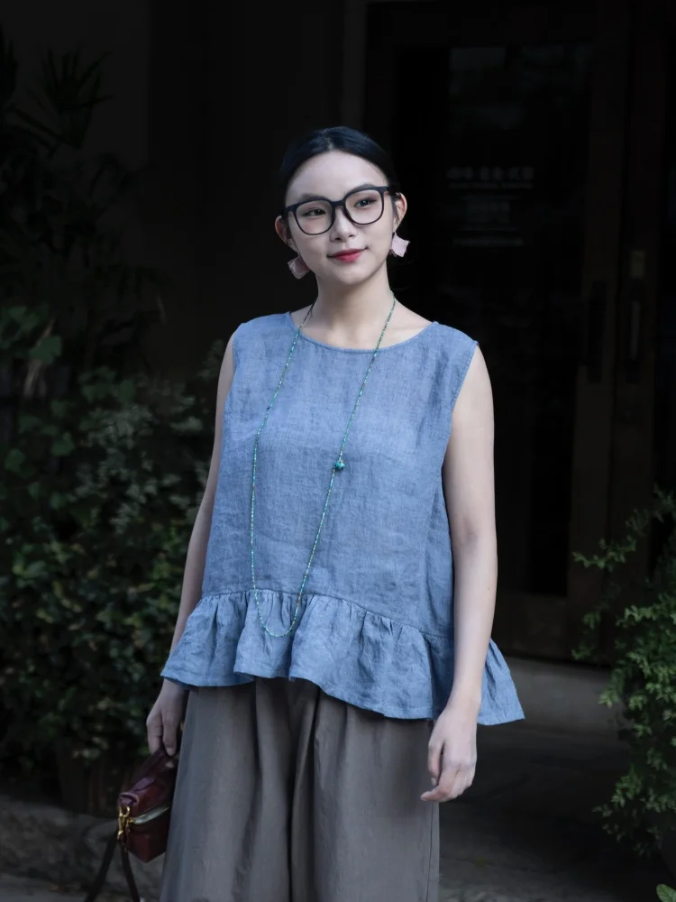

ay Blue Woven Linen Women's Vest Original Rain Ci Summer Artistic Sle ort Straight Cut Single Piece No Chest Pad