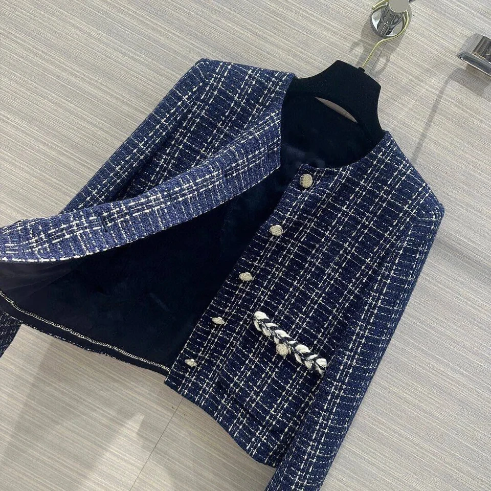 Fashion Design Blue Plaid Woven Tweed Jacket Women O-neck Long Sleeve Single Breasted Twist Pockets Vintage Coat