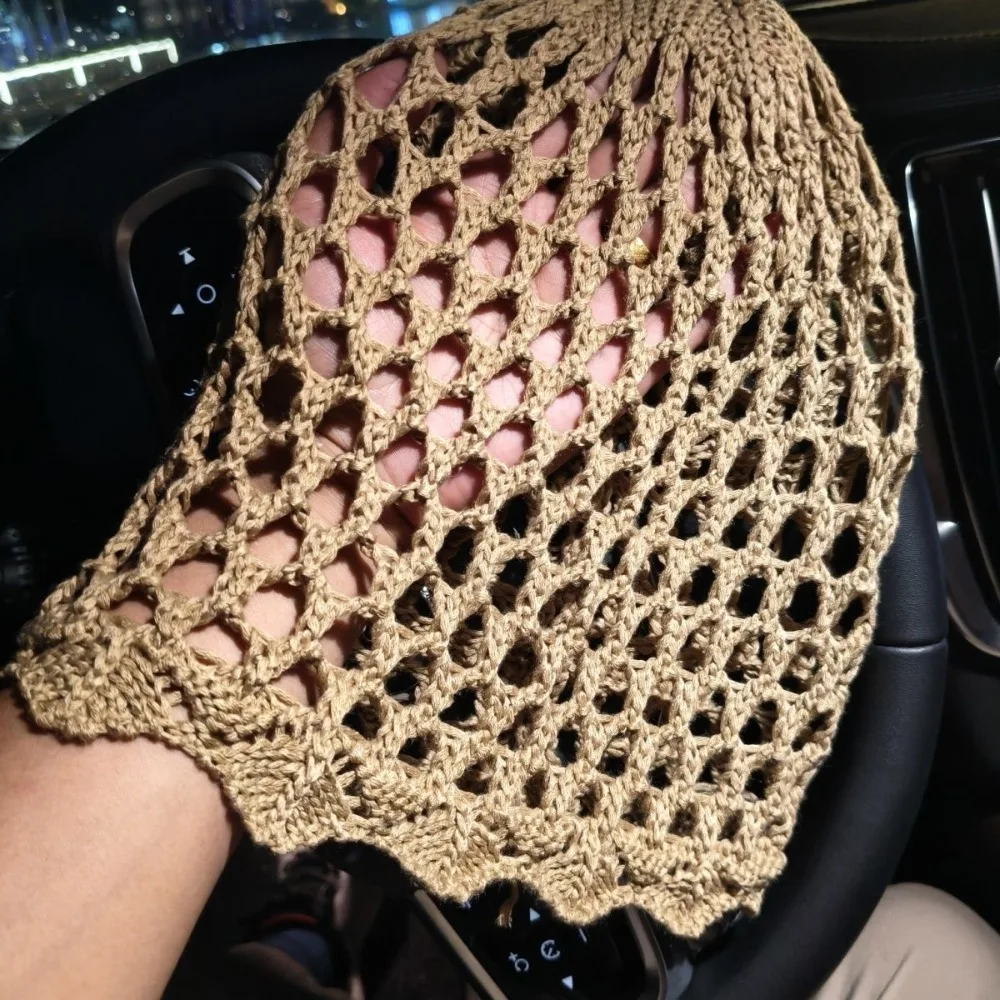Fashion Hollow Weave Knitted Hat Openwork Breathable Mesh Hat Solid Color Pullover Hat Women