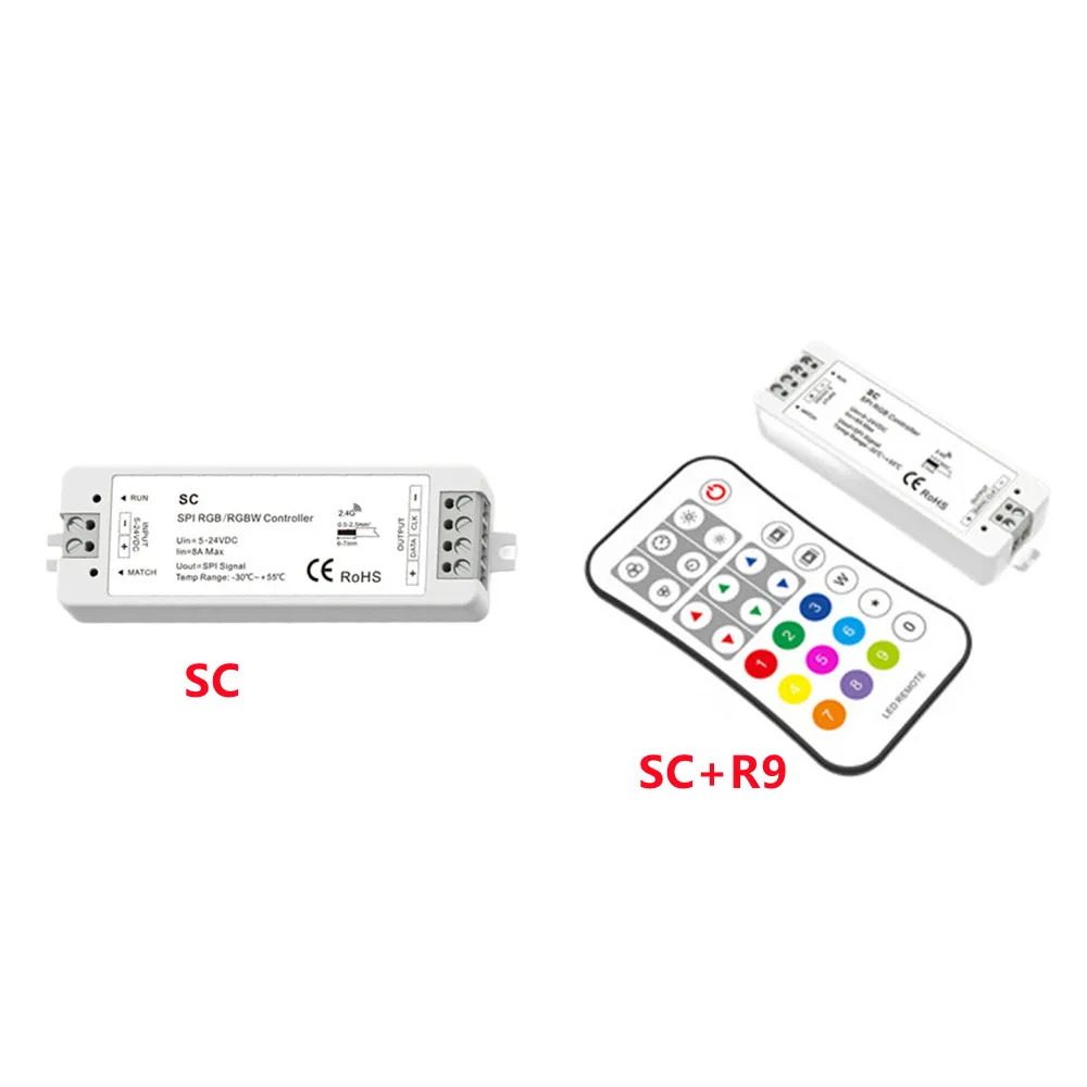 

2.4G RF SPI RGB/RGBW LED strip Controller SC/SC+R9 remote for RGB/RGBW WS2811 /WS2812B /S2813/WS2815 IC type LED strip DC5-24V