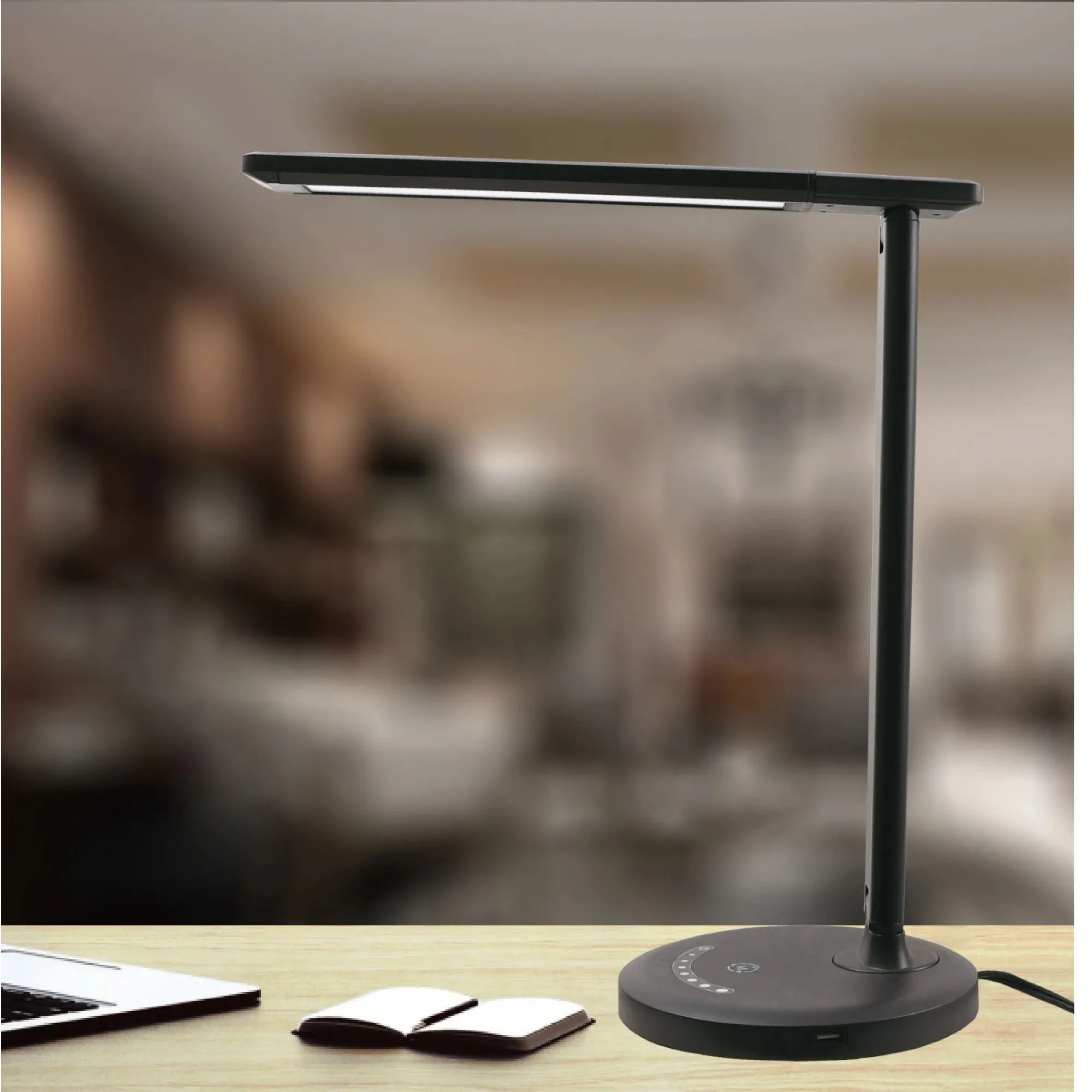 

Modern Dimmable LED Desk Lamp with USB Charging Port, Matte Black Finish, for All Ages