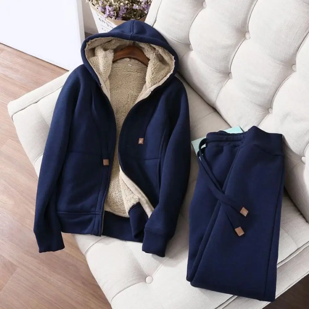 Wool Lamb Fleece Sweatshirt Pants Women Outfit Hoodies Jogger Pants Two-piece Set Thickened Drawstring Autumn Women Sports Suit