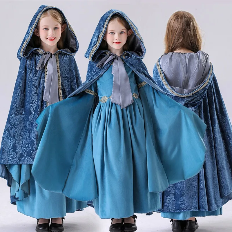 Halloween Cosplay Costume Cartoon Blue Elf Dress Cape Two-Piece Festival Theme Party Role Playing Outfits for Girls
