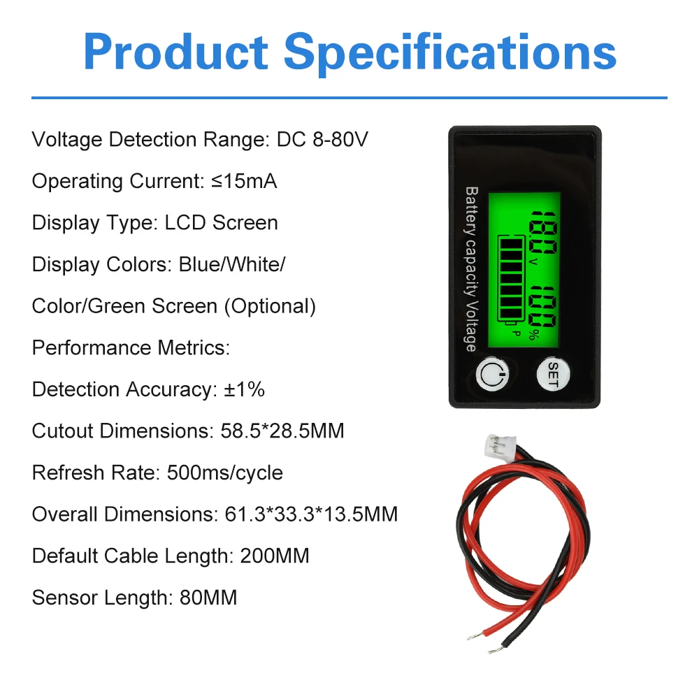 6133A DC8-100V Battery Meter Indicator Voltage Meter with Alarm Lithium Ion Battery Capacity Monitor