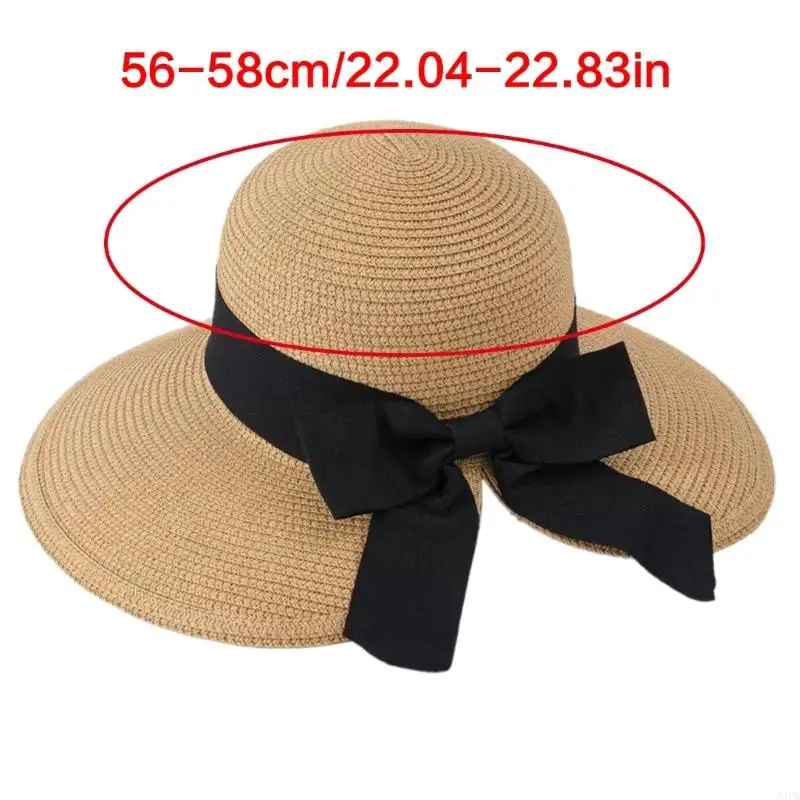 قبعة شمسية من القش الطبيعي ذات حواف واسعة تحجب الشمس، قبعة قابلة للطي مع عقدة فيونكة