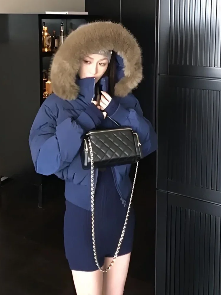 Lady Navy Blue Cropped Hooded Puffer Jacket With Faux Fur Collar Zip‑up Loose Short Cotton Padded Coat Winter Warm Outerwear