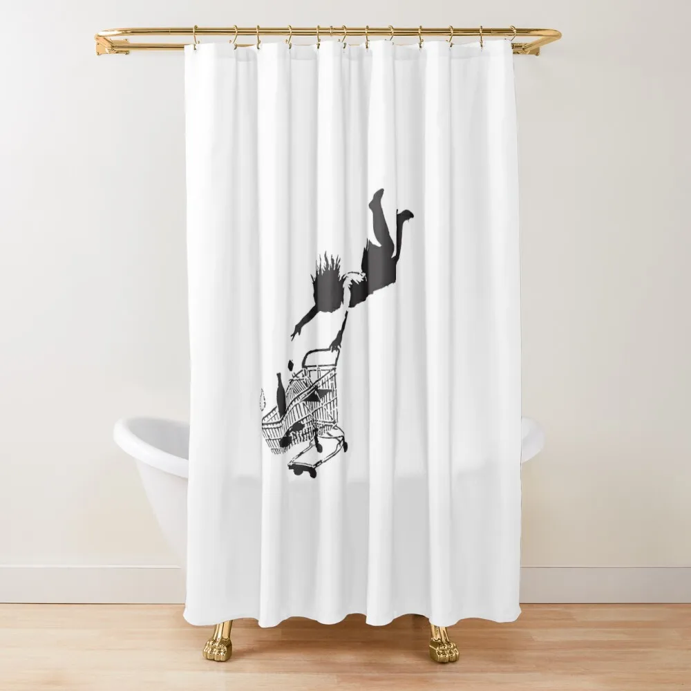 

Banksy Shop until you drop Uk London woman falling with shopping cart all black on white background HD Shower Curtain