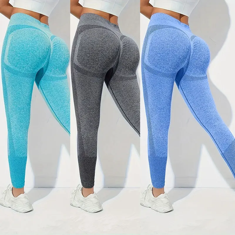 Yoga Basic 3pcs Fitness Gym Tights Seamless Hip-hugging Tummy Control Yoga Leggings With Punch Out Holes