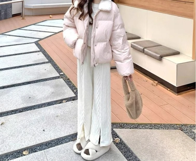 Lamb Fur Lapel Pink Short Cotton Jacket for Women in Winter 2025, New Small, Loose and Thick