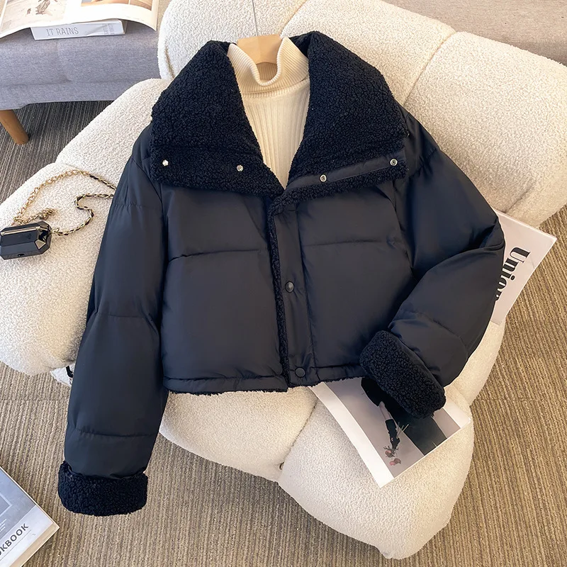 سترة شتوية للنساء على الوجهين بلون سادة وطية صدر السترة من صوف الضأن الصناعي معطف أمريكي غير رسمي أنيق عالي الشارع سميك