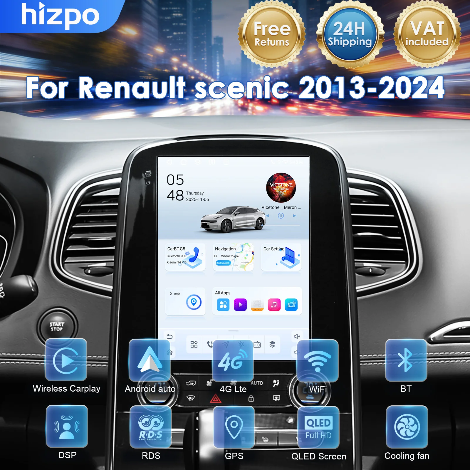 Hizpo 9,7 pouces pour lecteur multimédia de voiture de style Tesla pour Renault Scenic 2013 - 2024 Carplay 4G Autoradio Caméra 360° GPS Systèmes intelligents DSP RDS