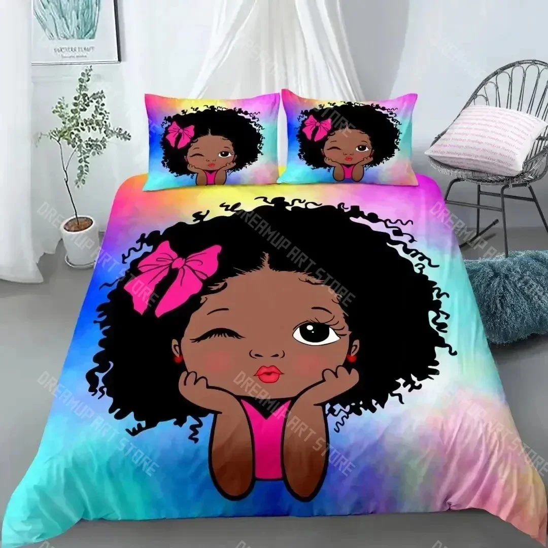 2026 3D Print American Black Girl Duvet Cover Set,Black Girl Magic Bedding Set Full Size,Cute Little Afro Black Princess Comfort