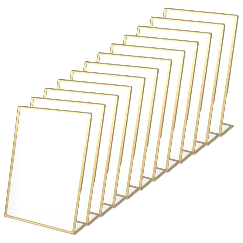 12Pcs Acrylic Sign Holder,Double Sided Gold Photo Frame With Vertical Holder,Wedding Table Number Holder,Menu Holder