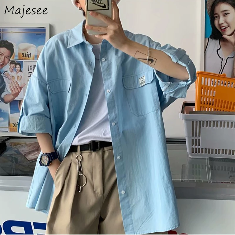 

Shirts Men Fashion Chic Ins Summer Japanese Style Solid Simple рубашки Students All-match Pockets Leisure Daily Teens Popular