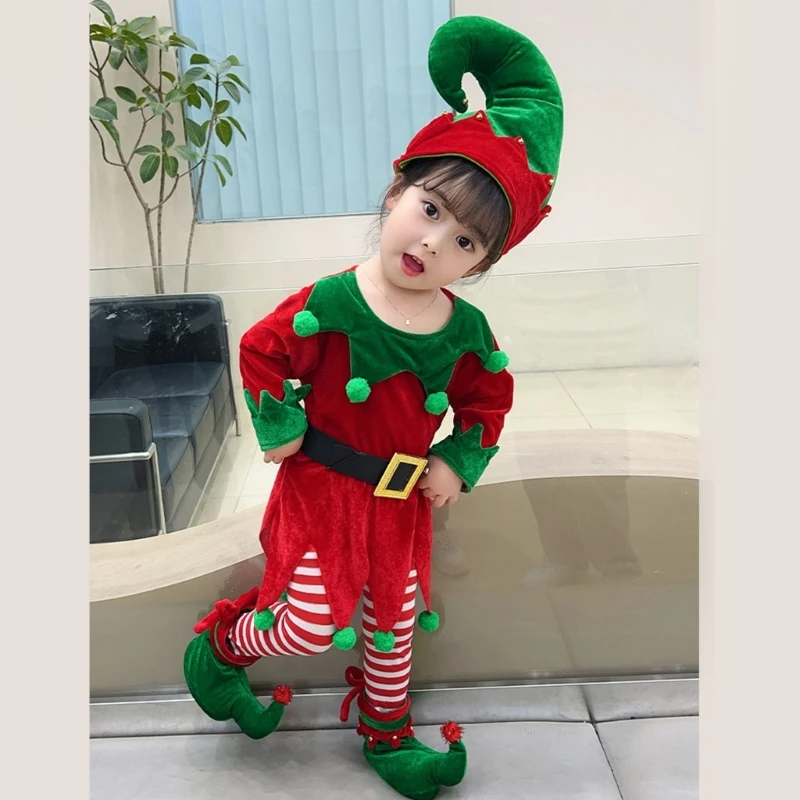 Kids Christmas Dwarf Costume Set Includes Dwarf Hat Shoe Covers Shirt Pants Christmas Elf Dress up Outfit for Boy Girl