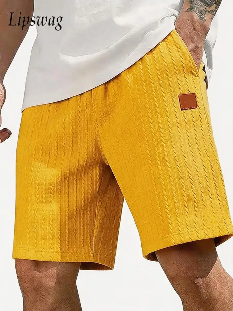 

Seaside Beach Casual Jacquard Shorts Men Fashion Solid Color Loose Straight Shorts 2026 Summer Mens Daily Leisure Lace-up Shorts