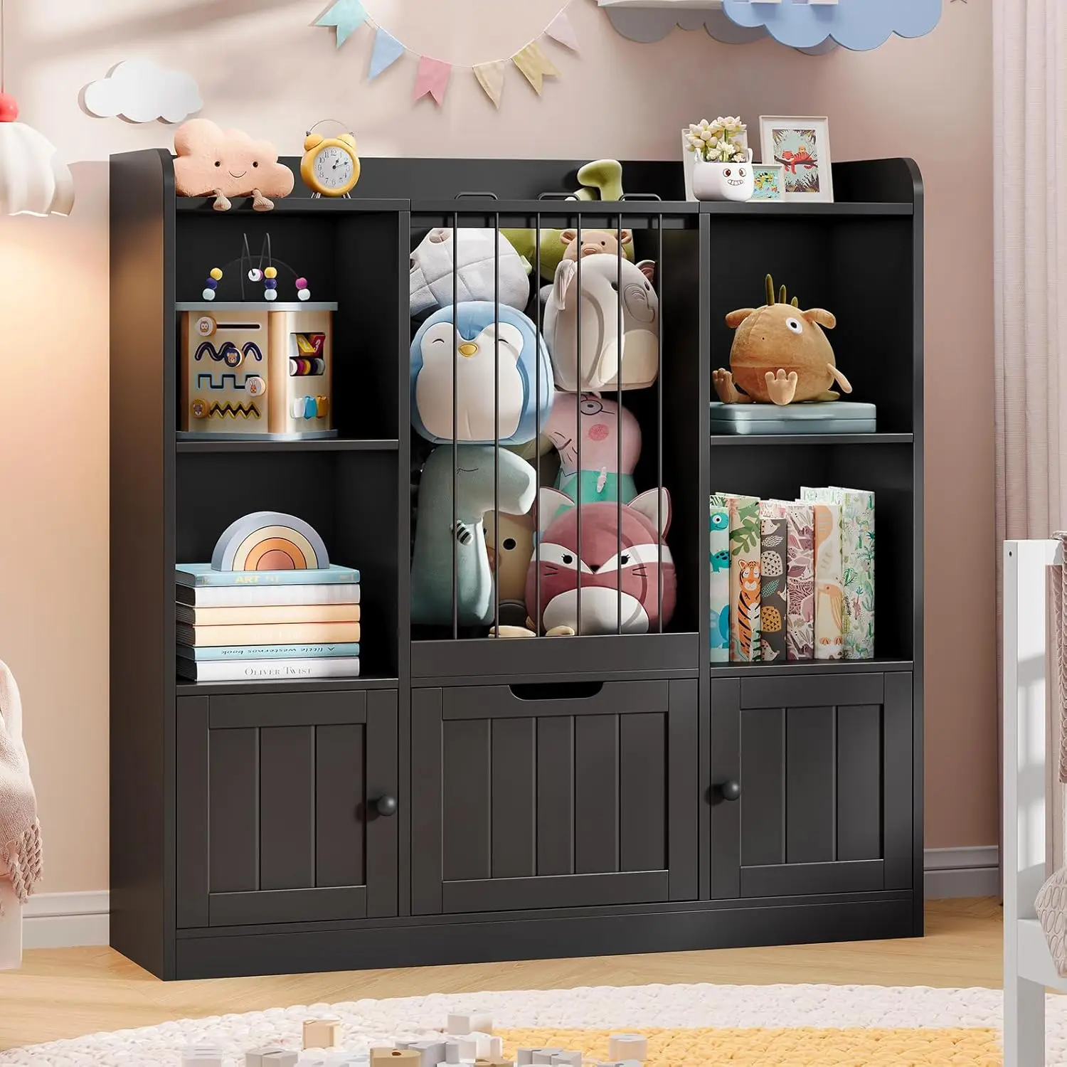 

Органайзер для игрушек, детский шкаф-зоопарк для мягких игрушек с ящиками и дверцами, многофункциональный напольный стеллаж-комод для детских книг