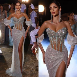 Sparkly Evening Dresses Long Sleeves V Neck Sequins 3D Lace Appliques Beads Diamonds Zipper Side Slit Plus Size Prom Dresses