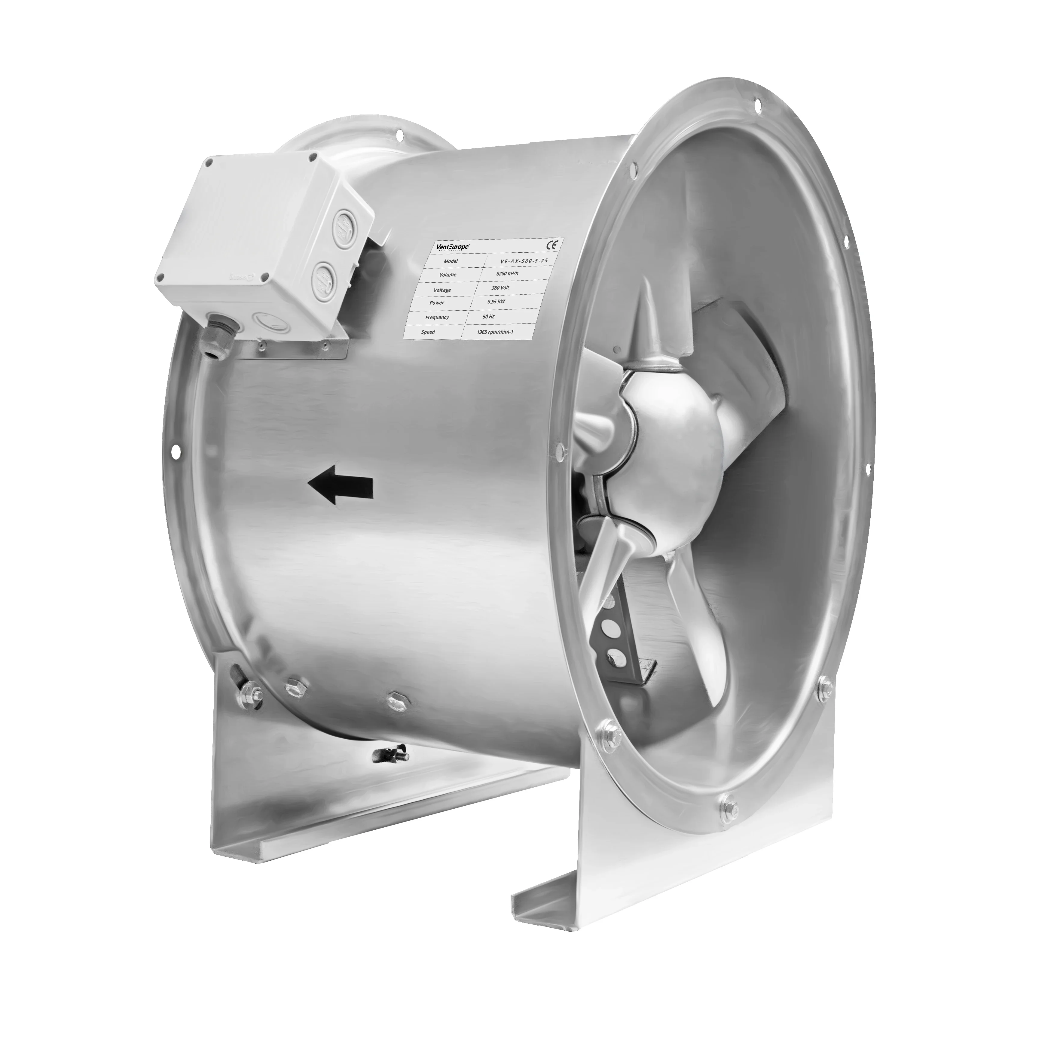 

V E- A X- 4 0 0-5-2 5 Venteurope Industrial Axial Smoke Exhaust Fan with 0.37 kW HP Motor 3000 m3/h 180 Pa 400 mm