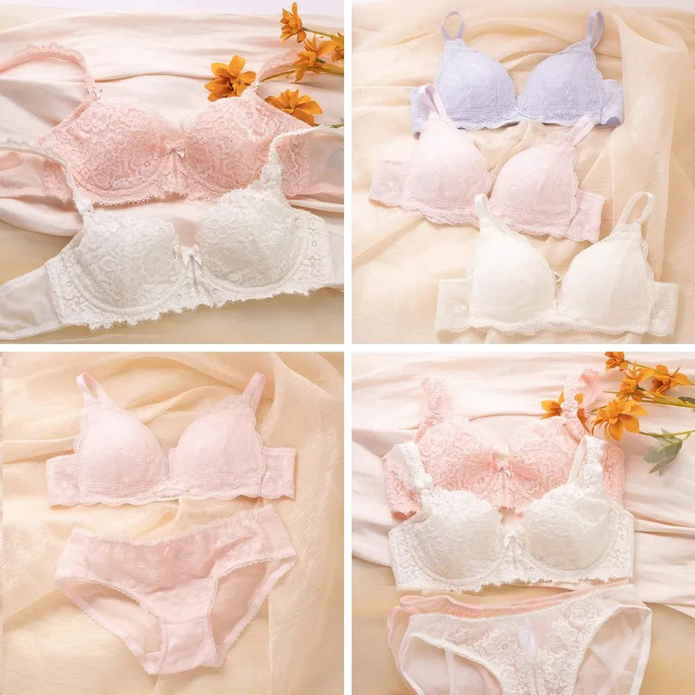 

Sexy Lace Embroidered Bra & Panty Set, Ultra Thin Triangle Cup, No Steel Ring, Cute Sweet Underwear Set for Women