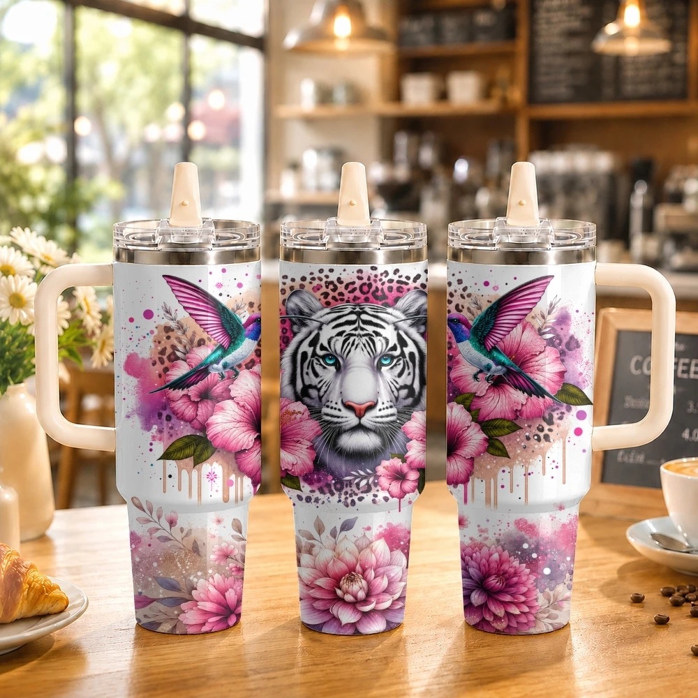 Termos Florales Tiger de 40oz, Vaso Térmico de Acero Inoxidable con Asa y Pajita, Taza de Viaje al Vacío para Coche a Prueba de Fugas