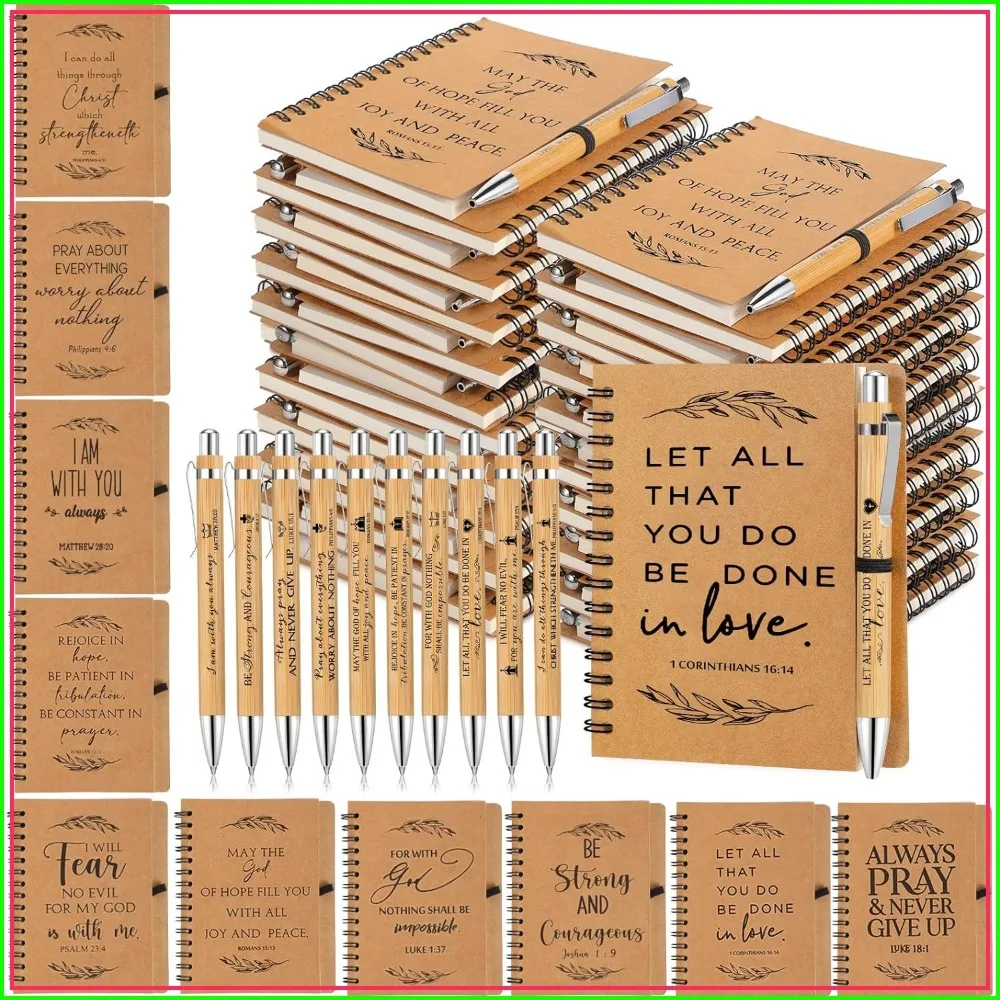 

100 Pcs Father's Day Christian Gift Set: Spiral Notebook & Bible Verse Pen, Bulk Religious Gift for Church Members, Study Groups, Men & Women