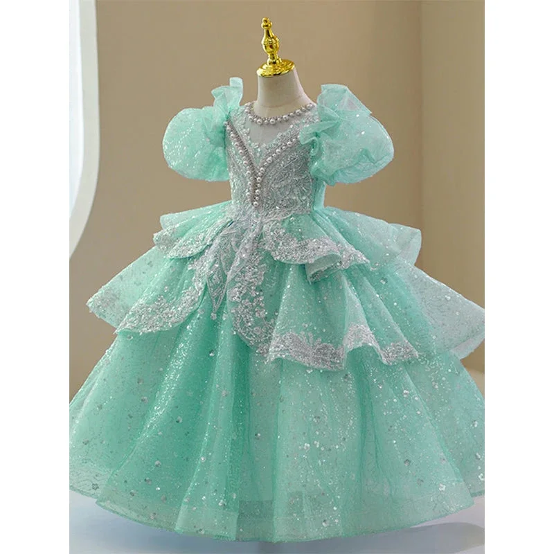 Vestidos florais para meninas, manga bufante, para casamento, crianças, frisado, babado, tule, princesa, concurso, brilhante, 1a comunhão, vestido de festa