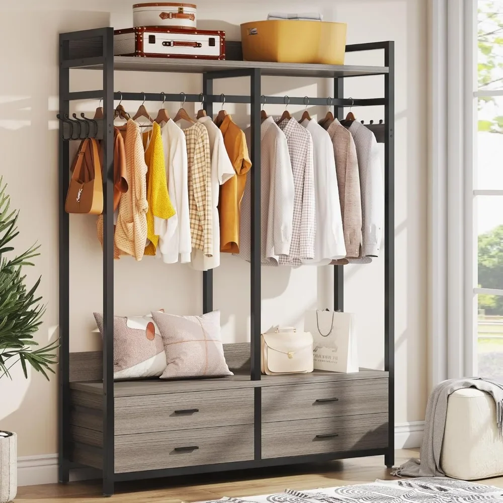 Freestanding Closet Organizer for Hanging Clothes, Heavy Duty Garment Rack with 4 Drawers, 8 Hooks and Storage Shelve