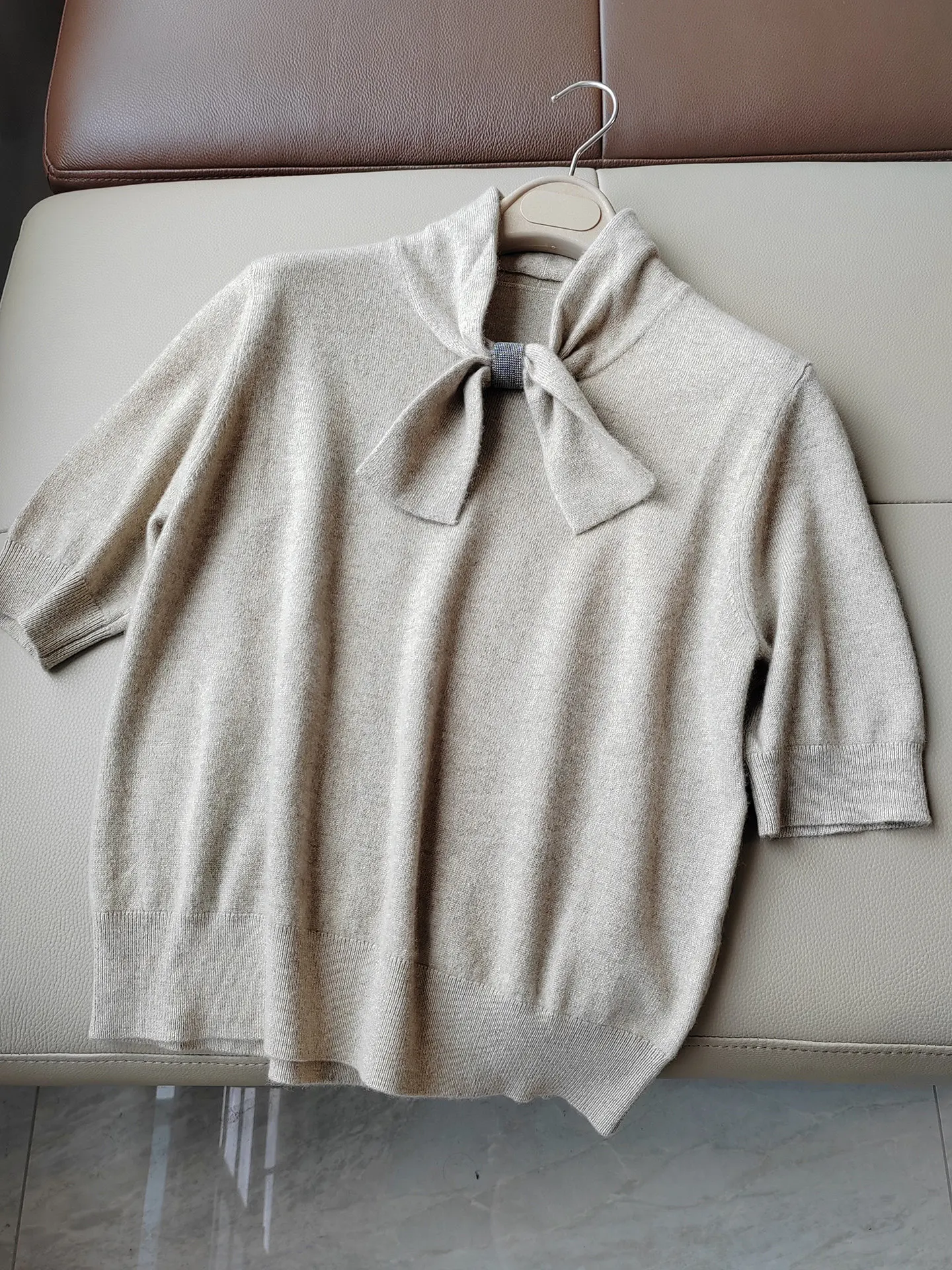 2026 Autumn Winter New Bow Collar Short Sleeved Knitted Cashmere Sweater Top