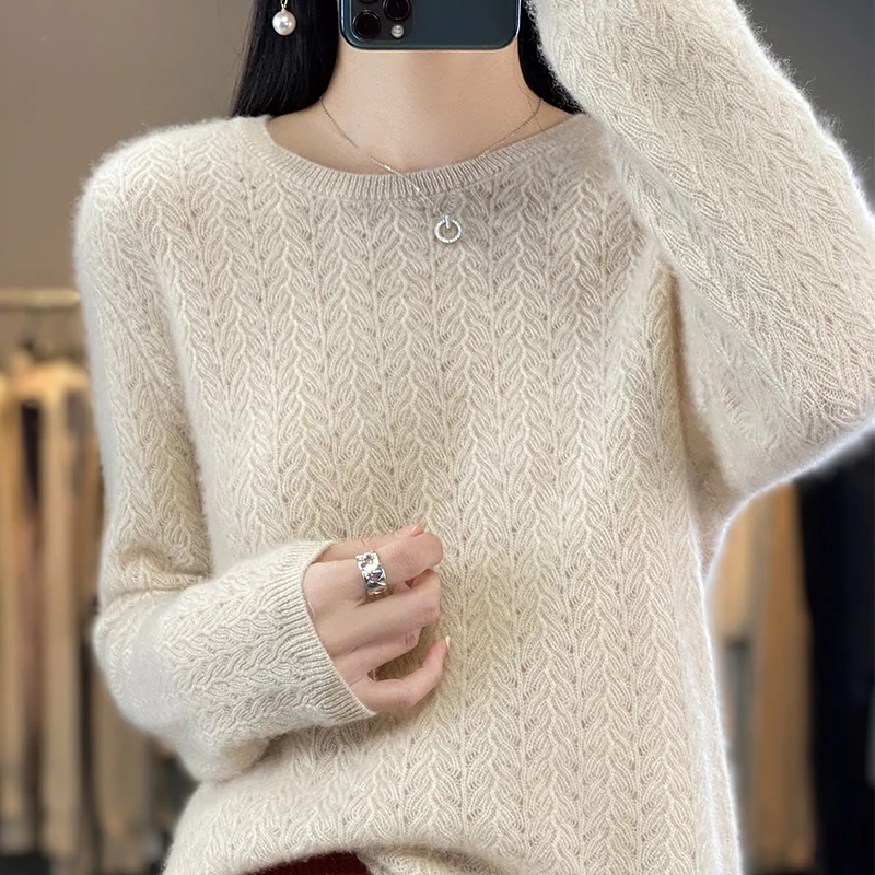 Autumn/Winter New 100% Pure Wool Sweater Casual Solid Color Knit Blouse Round Neck Hollow Tops Fashion Ladies Pullover