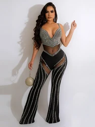 Sexy Perspective Long Jumpsuit 2024 Solid Color Deep V-neck Camisole Tight Women's Clothing  Black Elegant Hot Diamond Jumpsuit