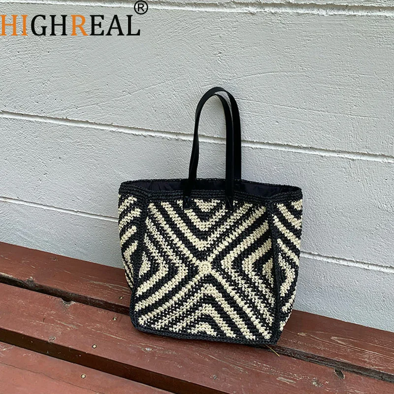 

Designer Women Summer Holiday Straw Bag Vintage Summer Bucket Shoulder Bags Pu Leather Spliced Beach Bag Casual Totes Handbag