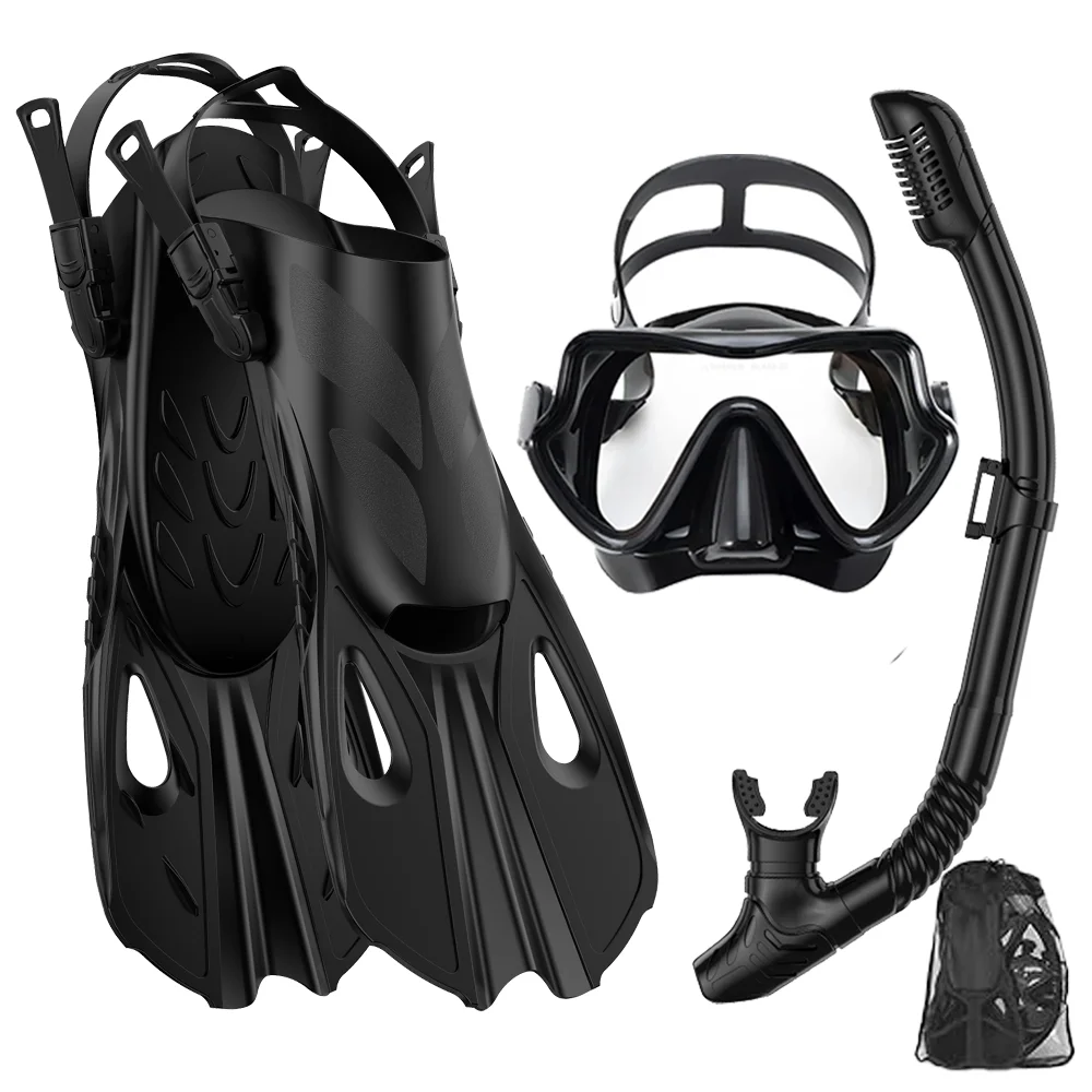 Maskenflossen-Schnorchel-Set, Schnorchelausrüstung für Erwachsene, Panoramablick, Schnorchelmaske, verstellbarer Tauchflipper, Schnorchel- und Reisetasche mit trockenem Oberteil – Detail 9