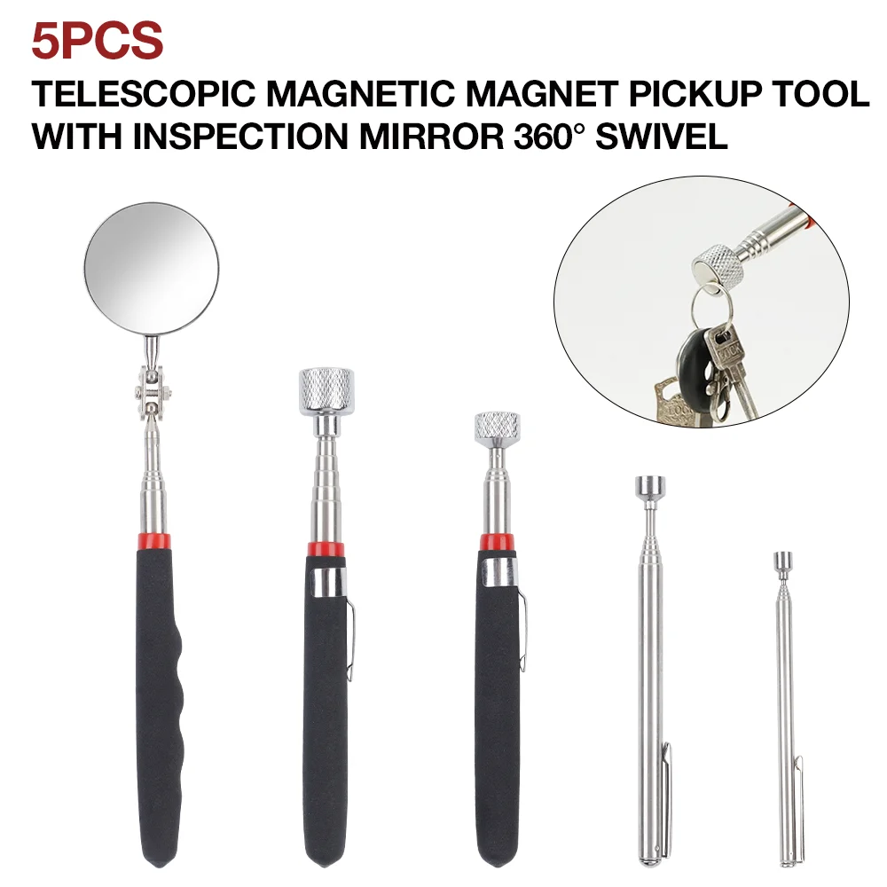 5PCS Portable Telescopic Magnetic Picking Up Tool with 360° Inspection Mirror For Extra Viewing Pickup Dead Angle Repairing Tool