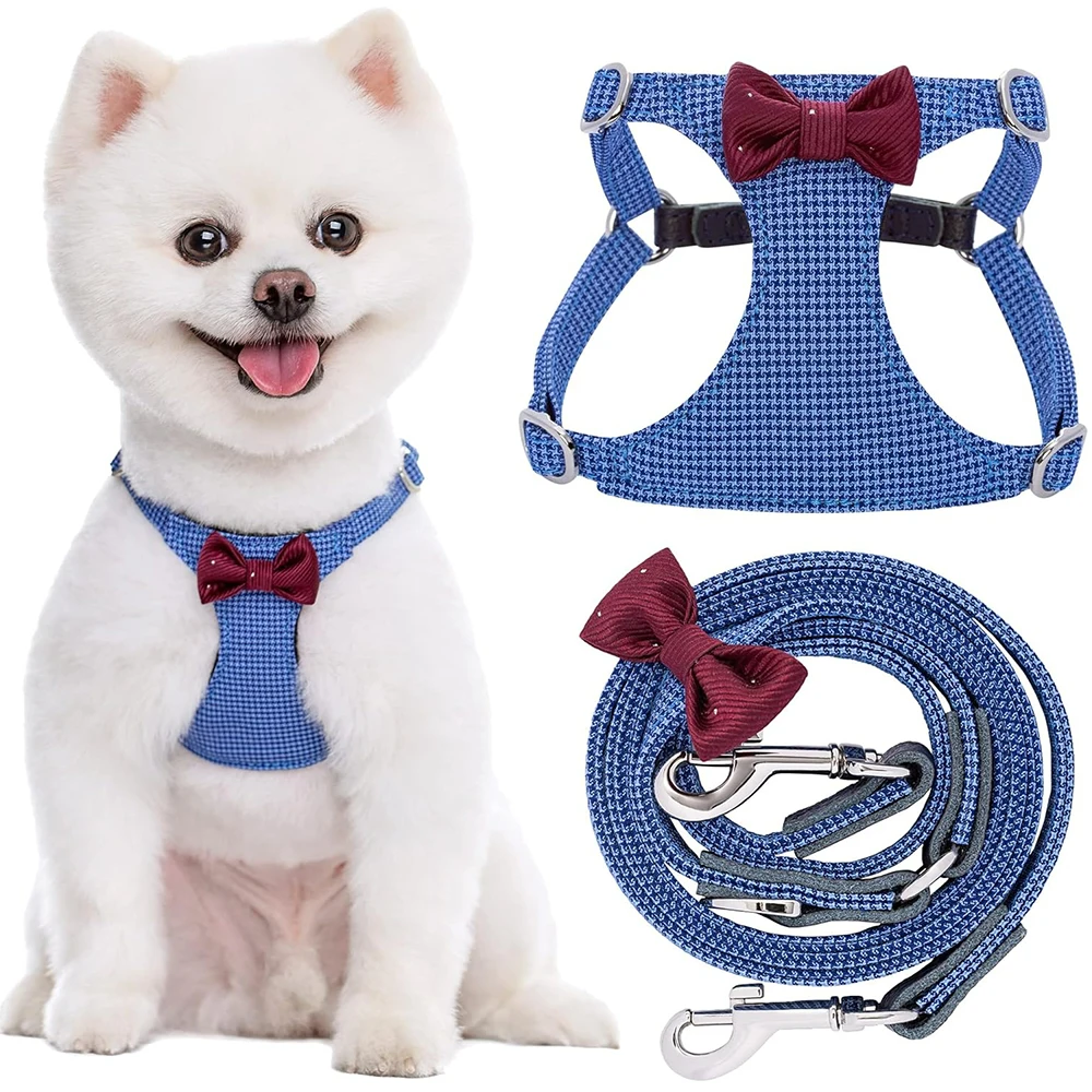 

Plaid Dog Harness and Leash Set No Pull Pet Harness Vest with Bowtie Soft Adjustable No Choke Walking for Puppy Small Medium Dog
