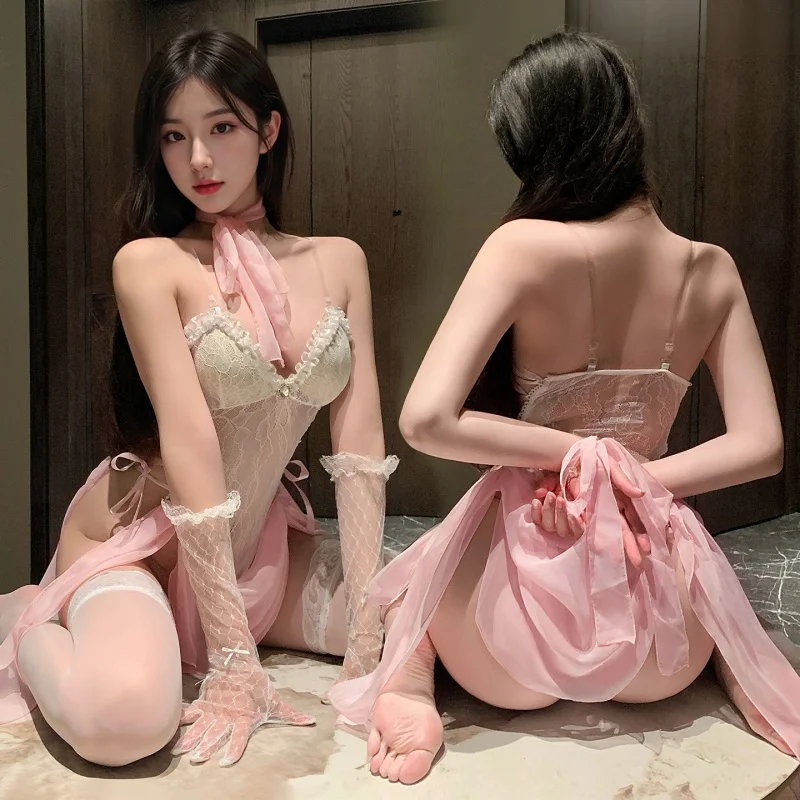 

Сексуальный кружевной комплект боди, шифоновый шарф, сетчатые перчатки, прозрачное нижнее белье, наряд с чулками для женщин, эротическая ночная рубашка для ролевых игр