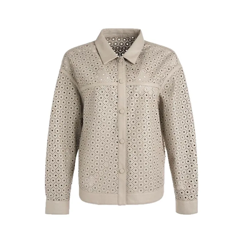 Genuine Sheepskin Leather Jacket Women Autumn Retro Style Perforated Hollow Out Casual Shirt Coat