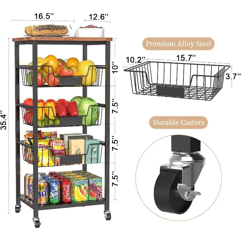 

Kitchen Storage Cart, 5-Tier Utility Organizer with Baskets and Wood Top, Rolling Snack Cart with Wheels