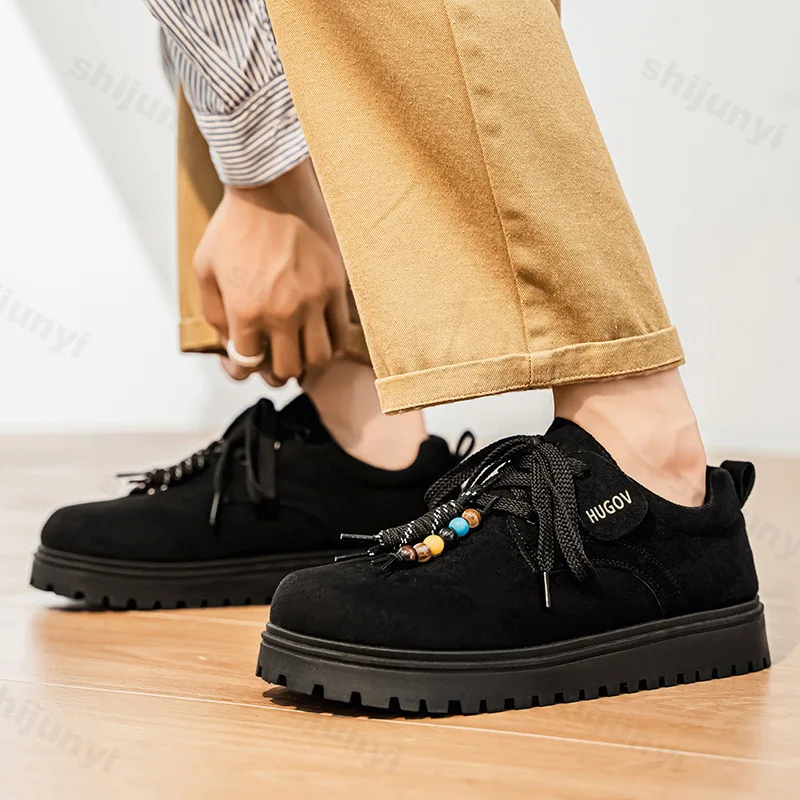 Men Casual Shoes Autumn New Vintage Fashion String Bead Suede Leather Shoes Height Increase Comfortable Lace Up Non Slip Loafers