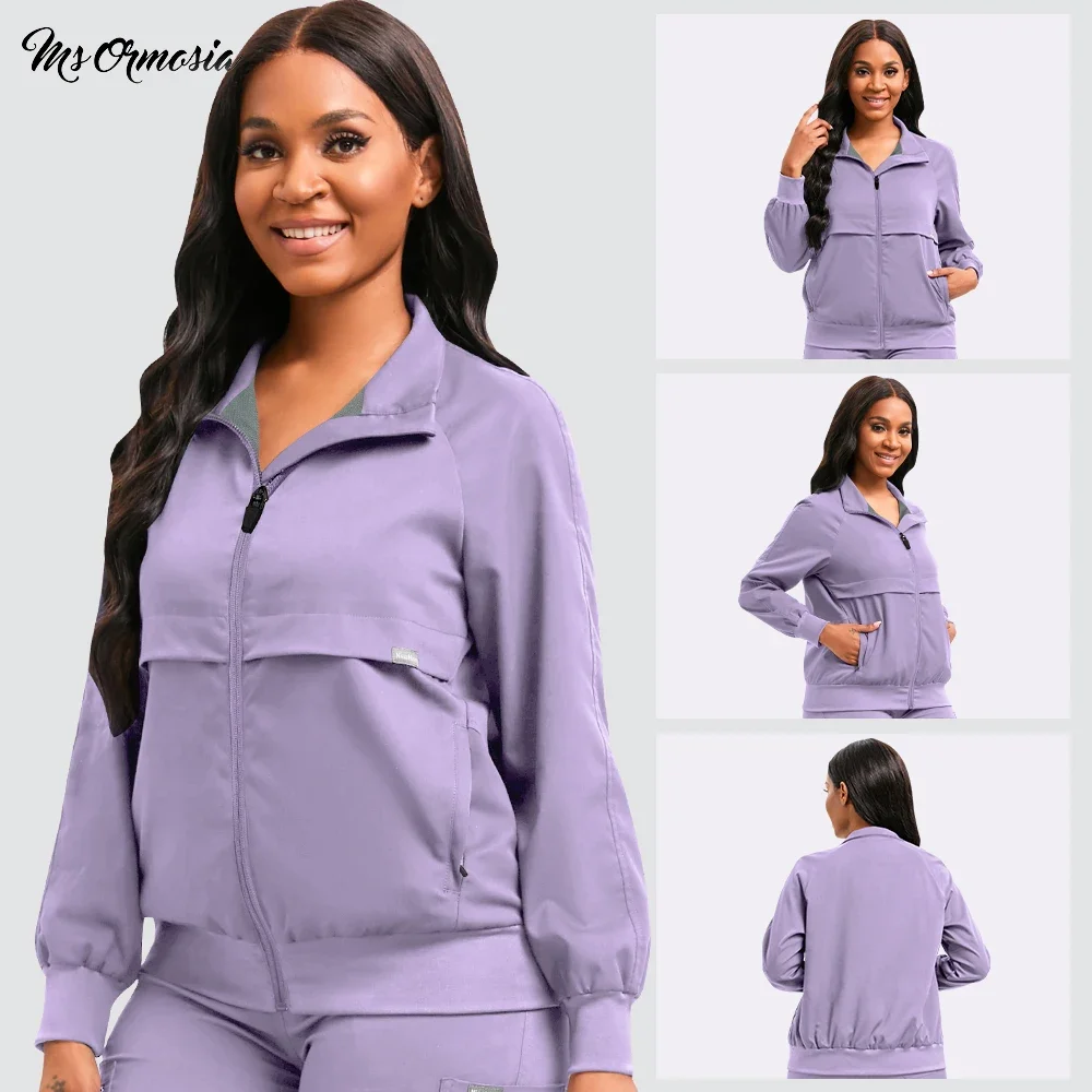 Medical Zipper Cardigan Jacket Nurse Uniform Scrubs Tops Nurse Doctor Out Workwear Long Sleeve Pocket Jogging Coat Clinic Jacket