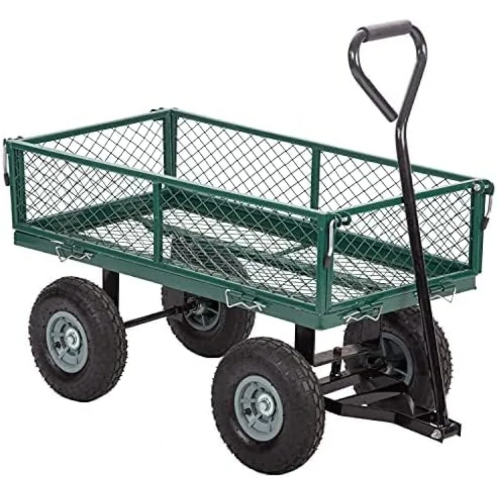 Garden Carts Yard Dump Wagon Cart 400Lbs Lawn Utility Cart Outdoor w/Steel Mesh Removable Sides Wheels Adjustable Handle