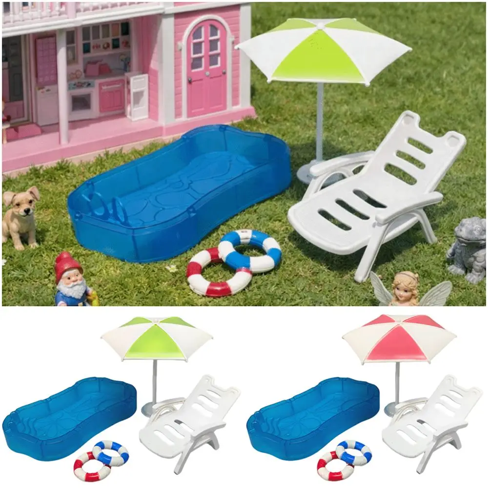 Multicolor Dollhouse Pool Scene Beach Umbrella Swimming Ring Doll Swimming Pool Photo Props Plastic Miniature Beach Bench Toy
