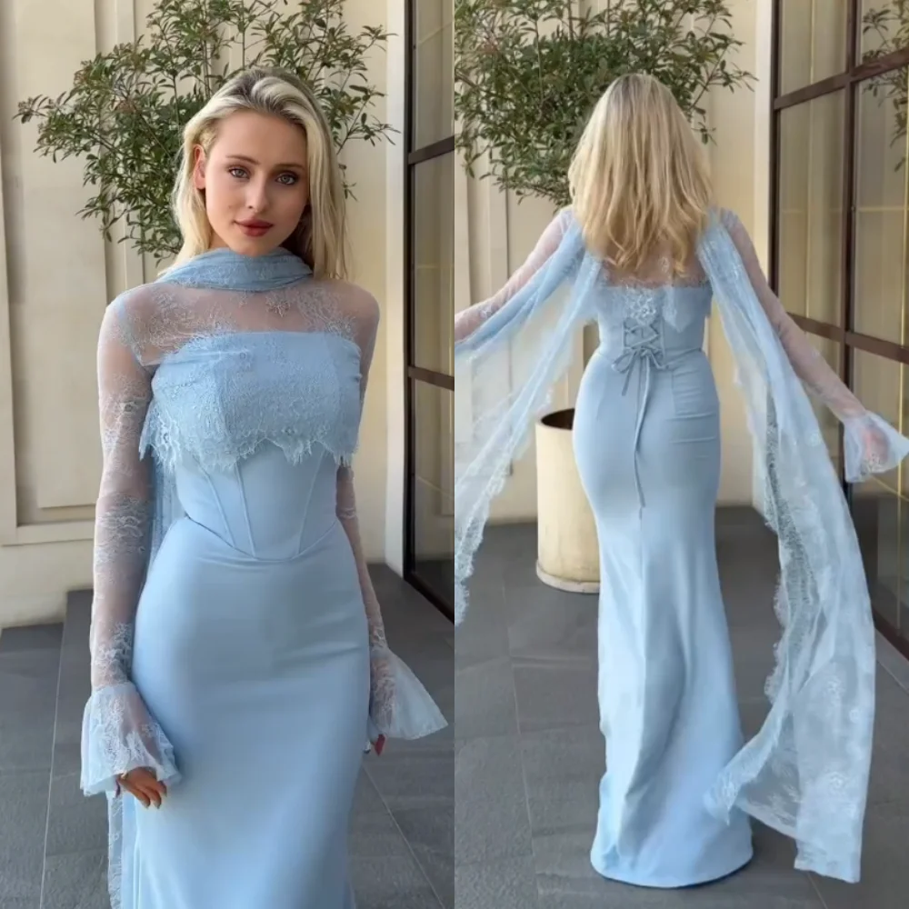 

Customized Jersey Lace High Collar Mermaid Woman Long Dress With Ribbon Bespoke Occasion Formal Evening Gown Elegant Simple