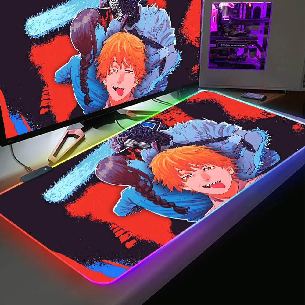 

Gaming Keyboard Large Mouse Pad Chainsaw Men RGB Luminous Desk Pad LED Rubber Computer Gamer Accessories XXL 900x400 Carpet LOL